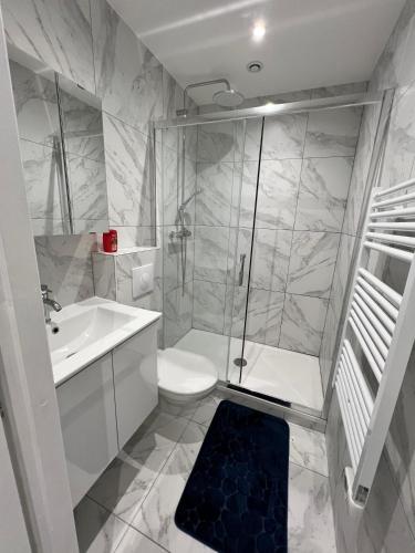 a bathroom with a shower and a toilet and a sink at Chambre dans un appartement in Ormesson-sur-Marne