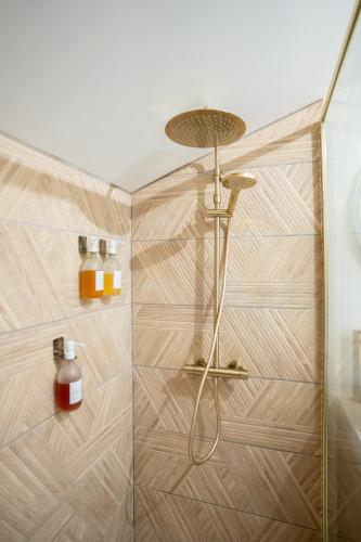 a shower with a shower head in a bathroom at Serenity Appart', Les Clés de l'Espoir, proche Poitiers in Nieuil-lʼEspoir
