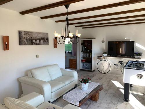 a living room with a white couch and a tv at Haus 12 See- und Bayerwaldblick für bis zu 10 Gäste in Arrach