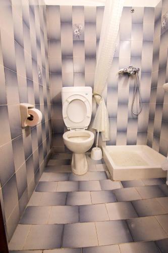 a bathroom with a toilet and a bath tub at Nitsas studio's in Kremasti