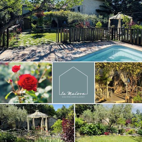 a collage of photos of a garden and a swimming pool at Maison Bruno Di Salvio in Les Vans