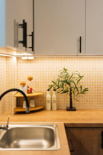 a kitchen with a sink and a tiled wall at Olive Aura in Mytilene