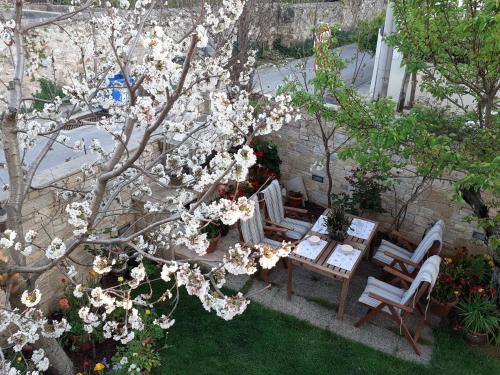 a garden with a table and chairs and a tree with flowers at AIRPORT 2 STOPS BY METRO FROM STUDIO & NEAR METRO station "PEANIA-KANTZΑ" in Leondárion