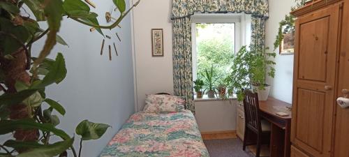 a bedroom with a bed and a desk and a window at Dom Pod Złotym Bażantem in Kobiela