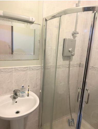 a bathroom with a shower and a sink at Bibi Cosy Cottage in Moshi