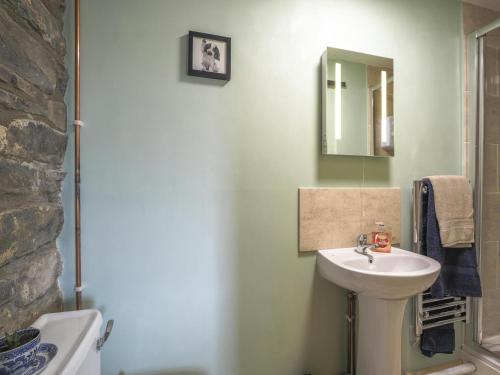 a bathroom with a sink and a mirror and a toilet at Sgubor Delyn Aberystwyth in Llanrhystyd