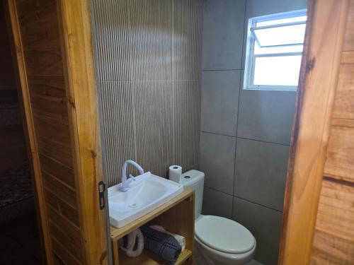 a small bathroom with a toilet and a sink at Casa Container Rosa in Bagé
