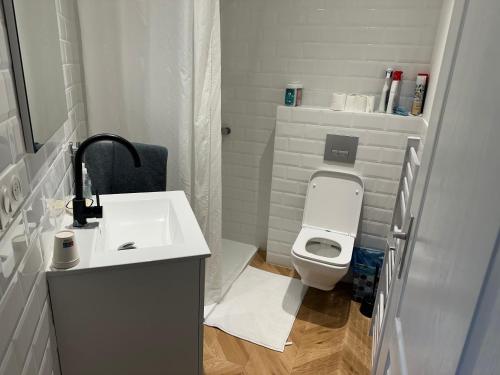 a small bathroom with a sink and a toilet at Le paradis de la Provence in Verenay