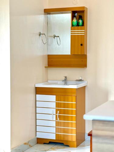 a bathroom with a sink and a mirror at Sunshine Holidays in Varkala