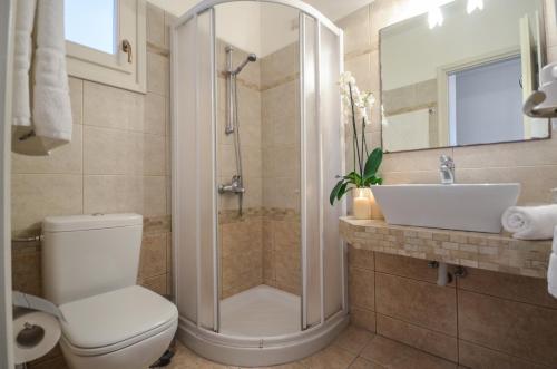 a bathroom with a shower and a toilet and a sink at Perla Hotel in Agios Prokopios