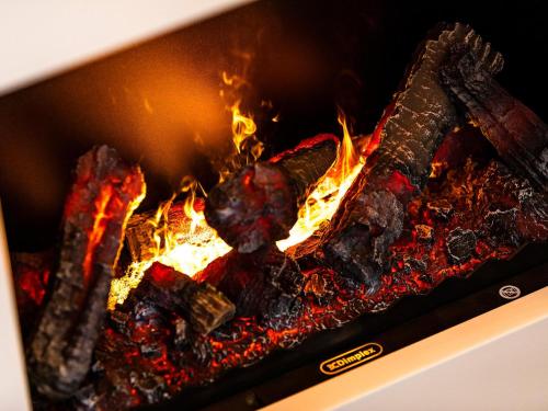 a fire in a stove with flames in it at Prora - Ferienwohnung mit Sauna - Meer geht immer in Binz