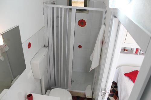 a small bathroom with a toilet and a shower at Terrazza in Palazzo Taormina in Castellammare del Golfo