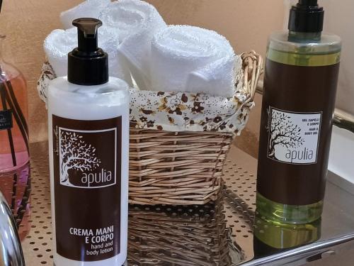 two bottles of soap and a basket of towels at I Pelosetti in Calalzo
