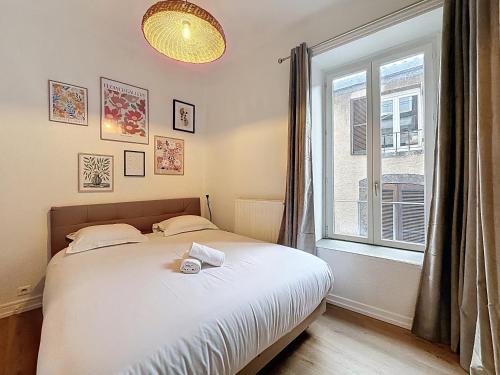 a bedroom with a bed and a large window at Appartement centre historique 4 pers in Clermont-Ferrand