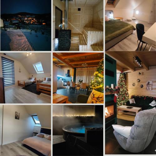 a collage of photos of a hotel room at Chwilo Trwaj dom z jacuzzi, sauną i kominkiem z widokiem na góry Korbielów Pilsko in Korbielów