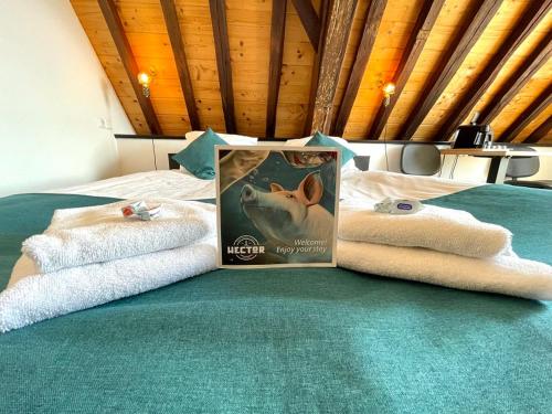 a bed with two towels and a poster on it at Hector Zierikzee in Zierikzee