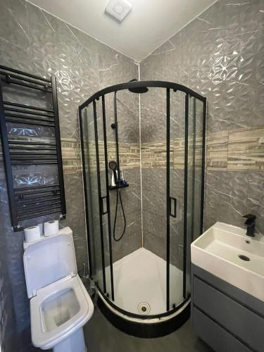 a bathroom with a shower and a toilet and a sink at The Forest Residence in London