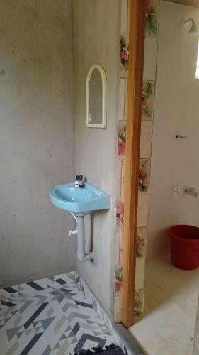 a bathroom with a blue sink and a shower at Vitthala rukmini in Gokarna