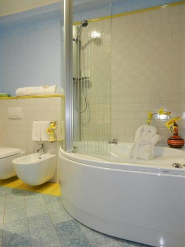 a bathroom with a shower and a tub and a toilet at Hotel Aktea in Lipari