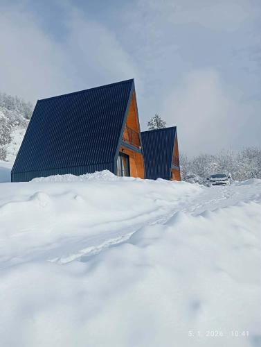 a house covered in snow with a pile of snow at Cottage Soul Rest in Visoko