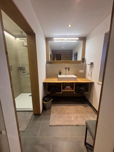 a bathroom with a sink and a shower at Appartement Steinbergrose in Leogang