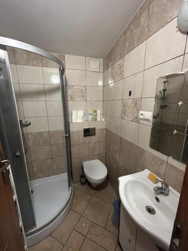 a bathroom with a shower and a toilet and a sink at Kwatery Mamma Mia Opawska 1a in Krzanowice