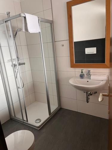 a bathroom with a shower and a sink at Ferienwohnung zum Breu im Löwen in Reit im Winkl