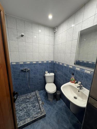 a blue tiled bathroom with a toilet and a sink at Bar & Guests room ELA in Dolen Bliznak