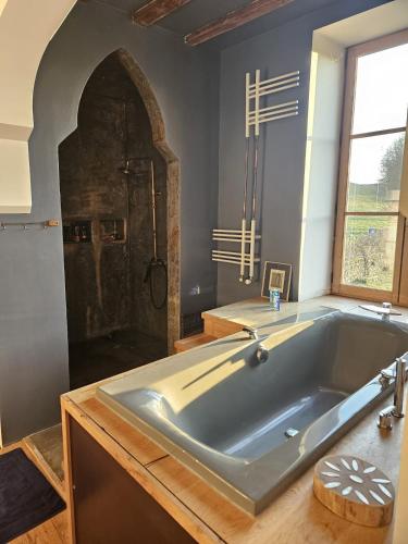 a large bath tub in a bathroom with a shower at La Ferme Bugiste - Maison de caractère in Belley