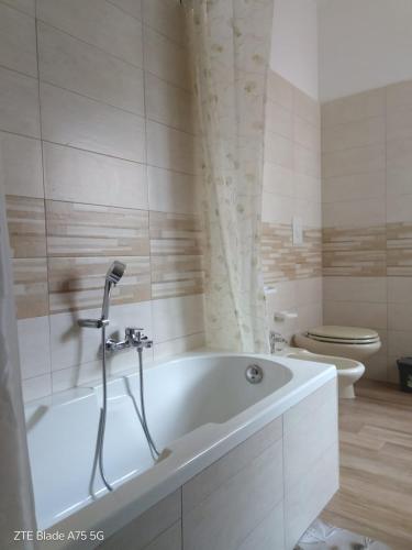 a white bath tub in a bathroom with a toilet at AFRODITE in Porto Cesareo