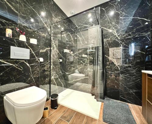 a black bathroom with a toilet and a shower at ROUERGAT's LITTLE GITE in Villefranche-de-Rouergue