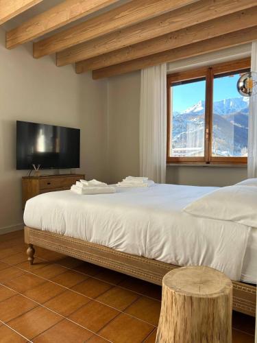 a bedroom with a large bed and a television at B&B Il Faggio Rosso in Vernante