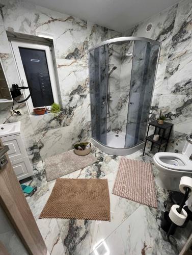 a marble bathroom with a shower and a toilet at mountain house in Skhidnitsa