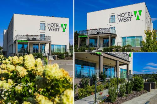 eine Collage aus drei Bildern eines Hotelwest-Gebäudes in der Unterkunft Poznań West Hotel - Airport in Posen