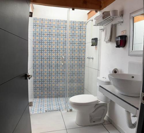 a bathroom with a shower with a toilet and a sink at Suites Aldama in Toluca