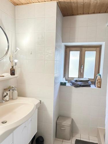 a white bathroom with a sink and a window at Le Studio du Rhône in Saint-Léonard