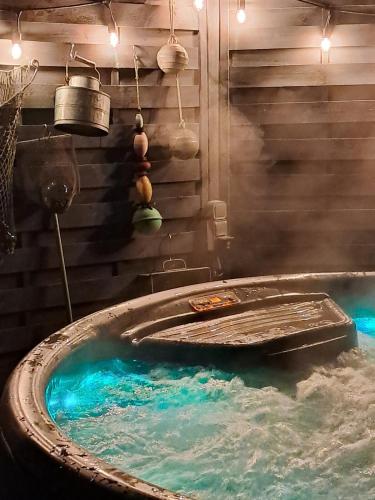 a bath tub with blue water in it at L'atypique du buisson de la gariole in Aubigny-sur-Nère