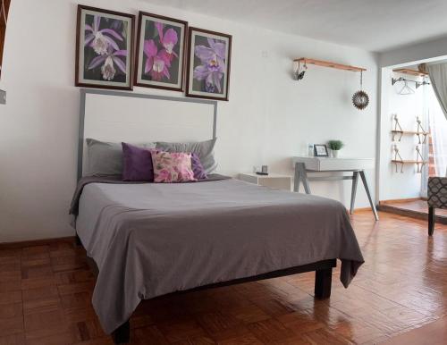 a bedroom with a bed with purple pillows and a table at Suites Aldama in Toluca