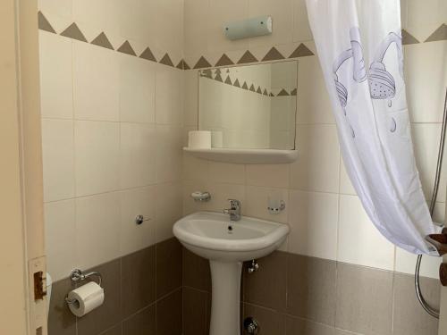 a small bathroom with a sink and a mirror at Melissa Chora in Koufonisia