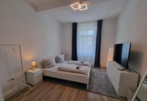 a living room with a bed and a flat screen tv at Süße Marie 11 in Karlsruhe
