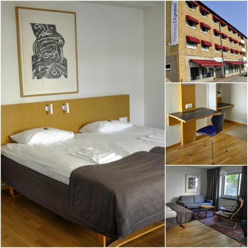 ロンネビューにあるRonneby Cityhotellのベッドと机と建物のある寝室