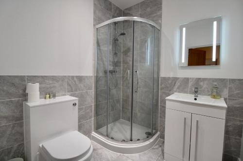 a bathroom with a shower and a toilet and a sink at No.10 @ ShortStays Serviced apartments in Basingstoke