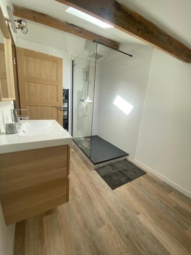 a bathroom with a shower and a sink and a tub at spacious cottage with hot tub in Saint-Martin-dʼArdèche