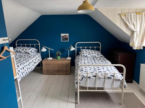a bedroom with two beds and a blue wall at Laurel Cottage in Exmouth