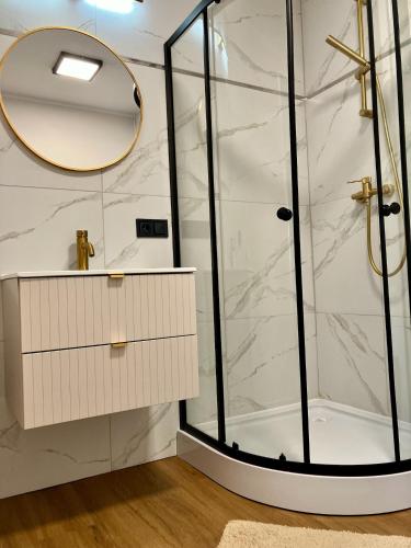 a bathroom with a shower and a mirror at Bytom Syrah in Bytom