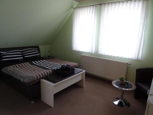 a bedroom with a bed and two windows at Wohlfühl Hotel & Pension am Birnengarten - Ruhige Zimmer mit Bad & WLAN in Magdeburg