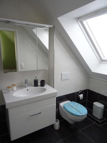 a bathroom with a sink and a toilet with a skylight at Wohlfühl Hotel & Pension am Birnengarten - Ruhige Zimmer mit Bad & WLAN in Magdeburg