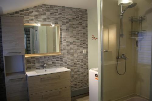 a bathroom with a sink and a shower with a mirror at Le nid des Huttes in Gravelines