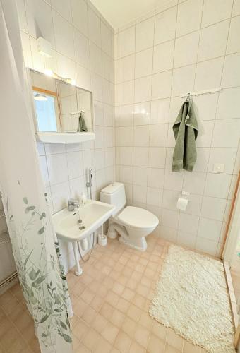 a white bathroom with a sink and a toilet at Kodikas kerrostaloyksiö in Jalasjärvi