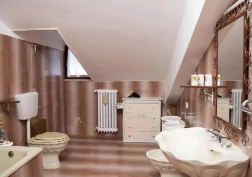 a bathroom with a sink and a toilet and a mirror at B&B SANTA MARIA VALLEVERDE appartamento vicinissimo alla Clinica L'immacolata in Celano